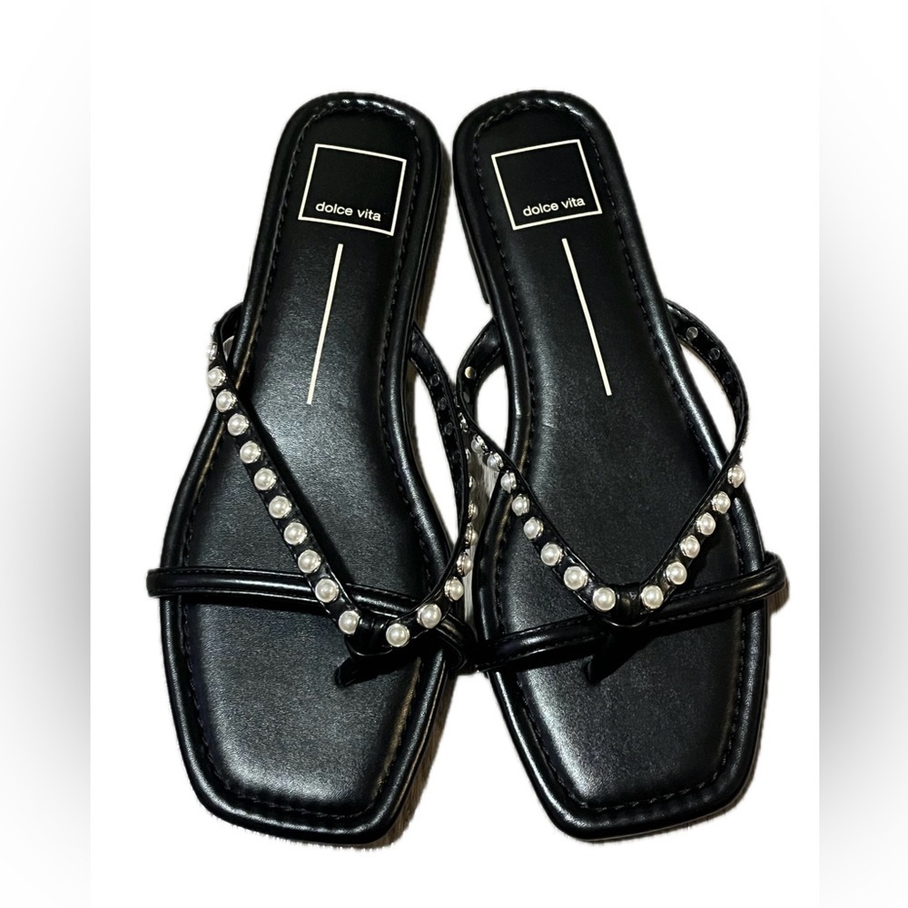 Dolce Vita Black Sandals with Elegant Pearl Embellishments, 9.5
